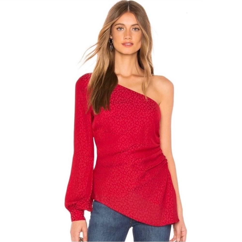 NEW L’ACADEMIE REVOLVE RED PRINTED ONE-SHOULDER BLOUSE